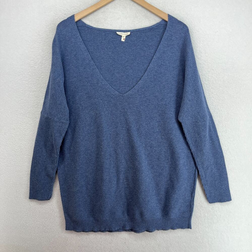 EILEEN FISHER Sweater M Organic Cotton Tunic Deep V-Neck Dolman Sleeve Blue